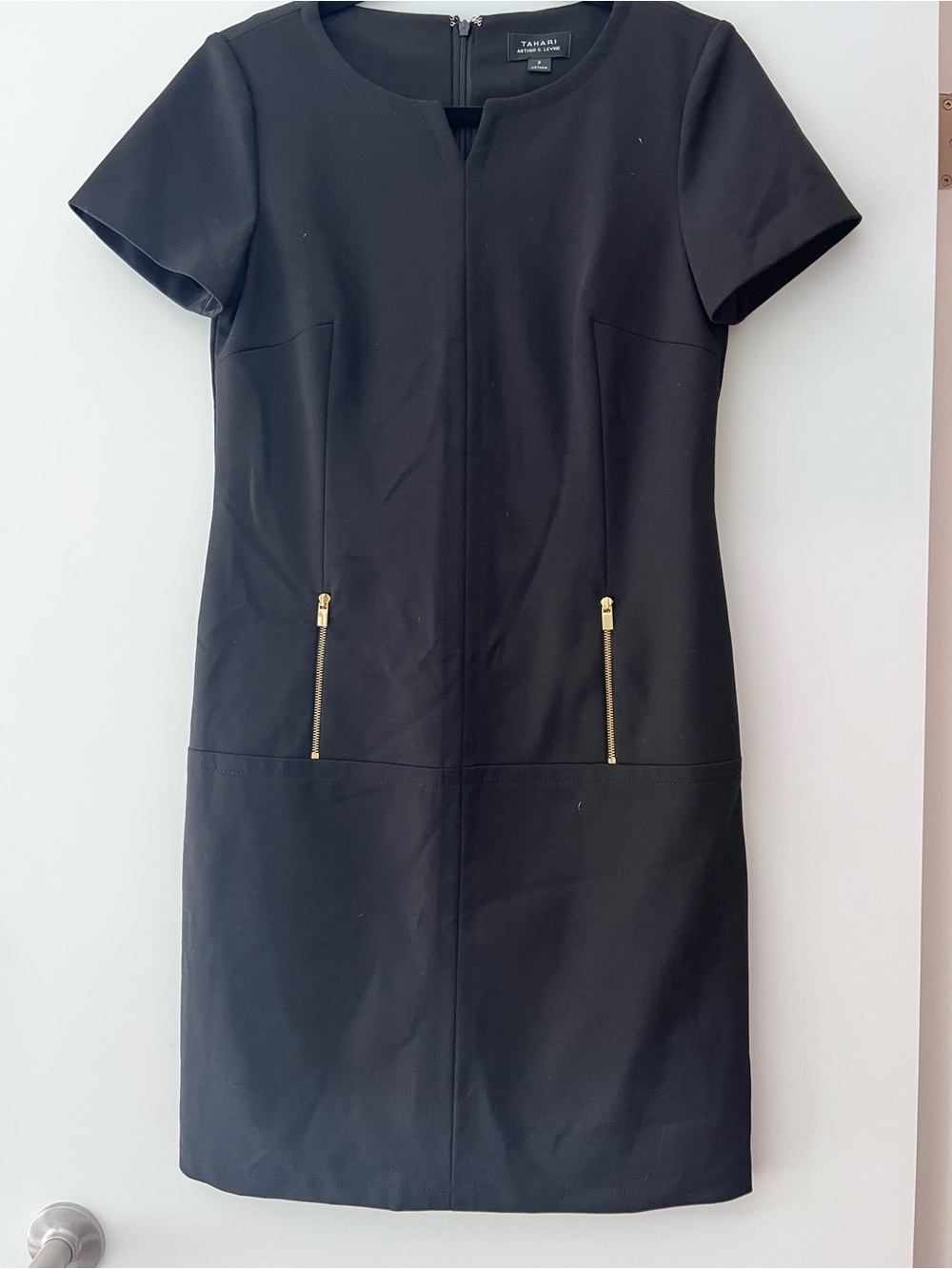 Tahari ASL Black Short-Sleeve Sheath Dress with Gold Zipper Accents
